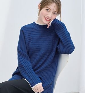 alotta（アロッタ）の「パチパチしにくい！洗えるリブ切替配色ニットプルオーバー（ニット・セーター）」｜ブルー