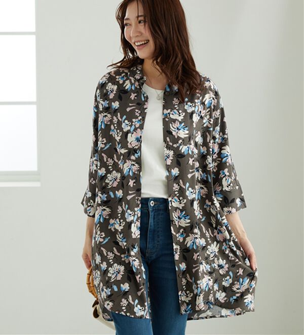 「【接触冷感】レーヨン素材ブザム切替ワンピース（その他ワンピース）」｜ブラウン系花柄