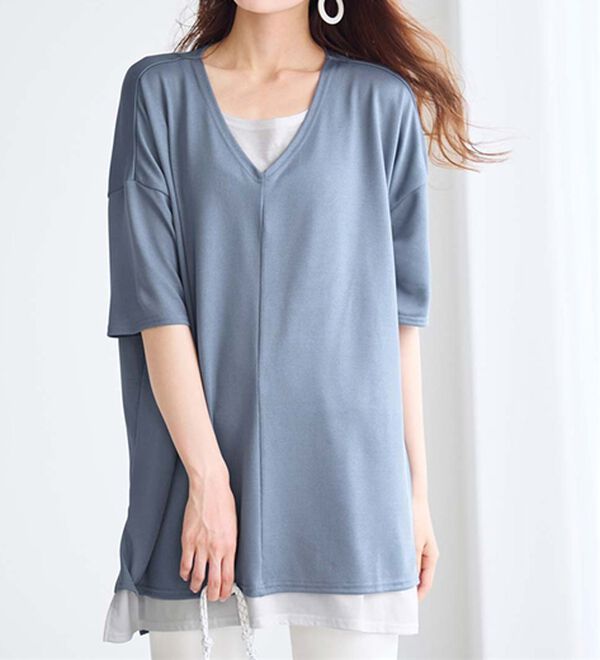 RANAN（ラナン）の「レイヤード風ニットソー半袖チュニック（チュニック）」｜詳細画像