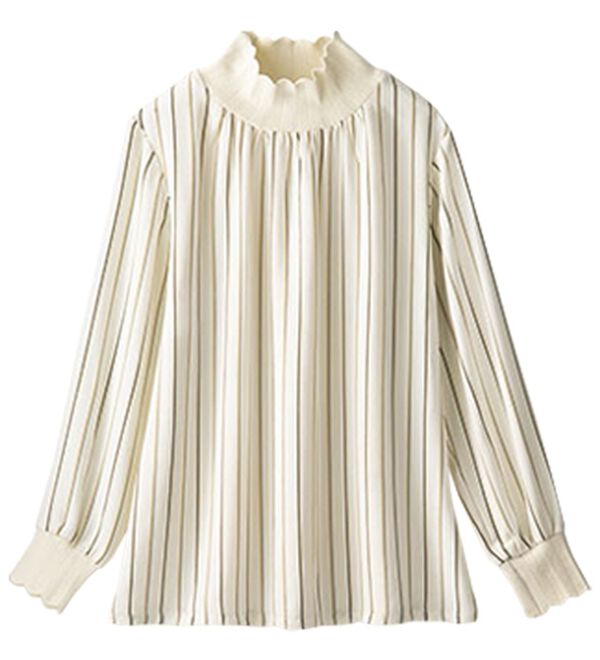 BELLUNA（ベルーナ）の「衿＆袖ニット使い美人顔ブラウス（ブラウス）」｜オフ白系ストライプ