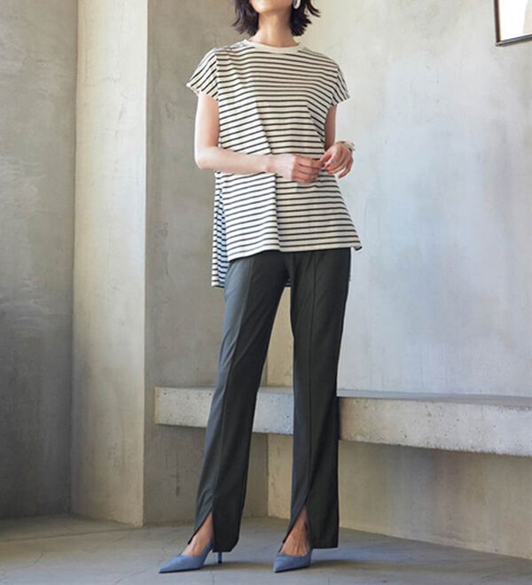 RANAN（ラナン）の「ひんやり！デニム調スリットパンツ（フルレングスパンツ）」｜詳細画像