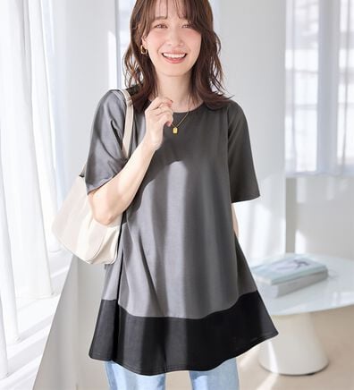 Viola e Viola（ヴィオラ エ ヴィオラ）の「【接触冷感】なめらか上品カットソー配色切替Ａラインチュニック（チュニック）」