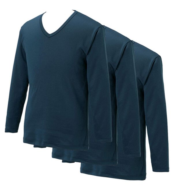 「【３枚組】サーモケア（Ｒ）綿混裏起毛インナー（メンズ肌着・インナーウェア）」｜ネイビー3枚組 長袖V首