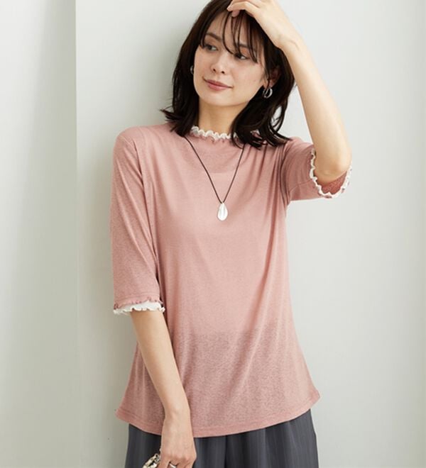 BELLUNA（ベルーナ）の「【二の腕カバー】シアー素材重ね着風フリル衿プルオーバー（カットソー）」｜詳細画像