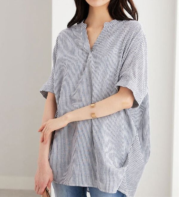 BELLUNA（ベルーナ）の「機能付リネン混スキッパーデザインシャツ（シャツ）」｜ブルーストライプ