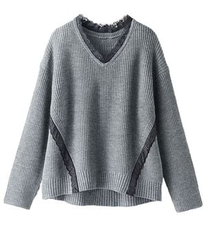 BELLUNA（ベルーナ）の「レース使いあぜ編ニットプルオーバー（ニット・セーター）」｜杢グレー