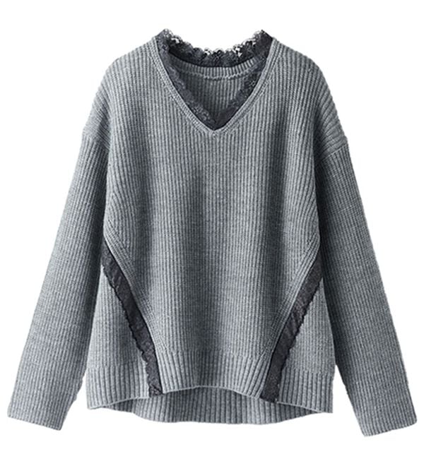 BELLUNA（ベルーナ）の「レース使いあぜ編ニットプルオーバー（ニット・セーター）」｜杢グレー