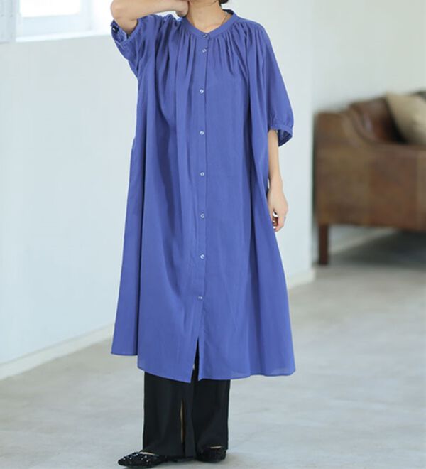 A HAPPY MARILYN（アハッピーマリリン）の「【Ｌ～６Ｌ】【風通るプレミアム】綿１００％ 楊柳 五分袖 ギャザーたっぷりワンピース（カットソーワンピース）」｜スモークブルー