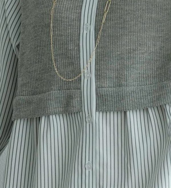 BELLUNA（ベルーナ）の「ストライプ&times;異素材切替シャツチュニック（チュニック）」｜詳細画像