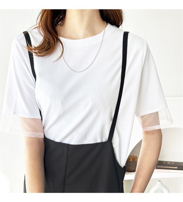 GeeRA（ジーラ）の「綿１００％袖シアー切替シルケットＴシャツ（Tシャツ）」｜詳細画像