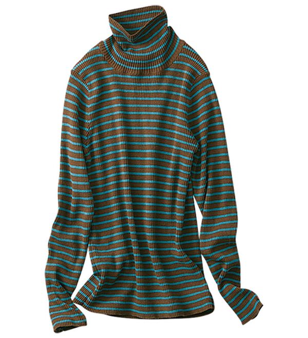 BELLUNA（ベルーナ）の「ハピネスコットン１００％&times;吸湿発熱リブタートルニット＜＆ｃｏｃｏｃｈｉ＞（ニット・セーター）」｜茶&times;ターコイズ