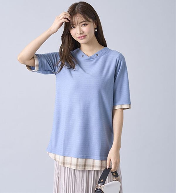 BELLUNA（ベルーナ）の「ひんやり冷感！タックジャカード素材重ね着風プルオーバー（カットソー）」｜詳細画像