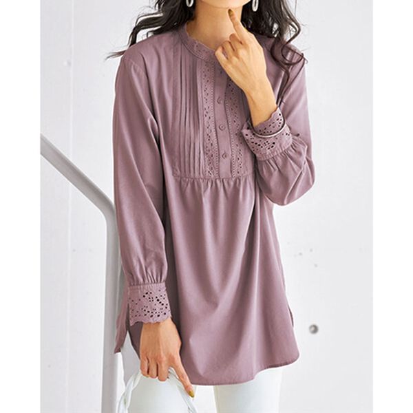 BELLUNA（ベルーナ）の「衿＆袖レース切替シャツチュニック（チュニック）」｜詳細画像