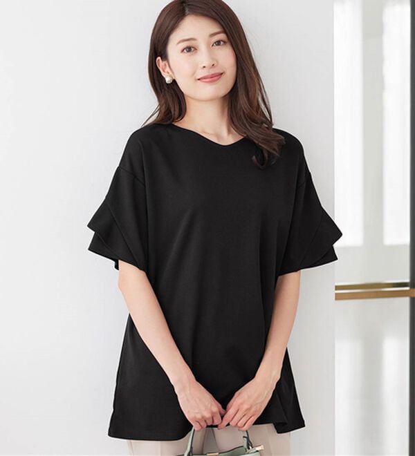 alotta（アロッタ）の「【４つの機能付】ひんやりフリル袖Ｔシャツチュニック（チュニック）」｜ブラック