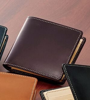 「英国ブライドルレザー二つ折り財布（メンズ財布・パスケース）」｜ブラウン