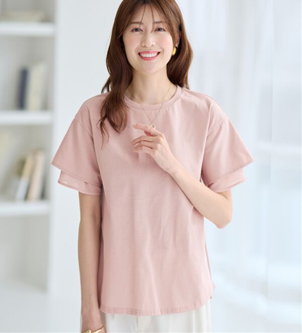 alotta（アロッタ）の「【接触冷感】＜丈が選べる＞袖口シフォンＴシャツチュニック（カットソー）」｜ピンク／レギュラー丈