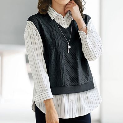 BELLUNA（ベルーナ）の「ストライプ柄シャツフェイクブラウス（ブラウス）」