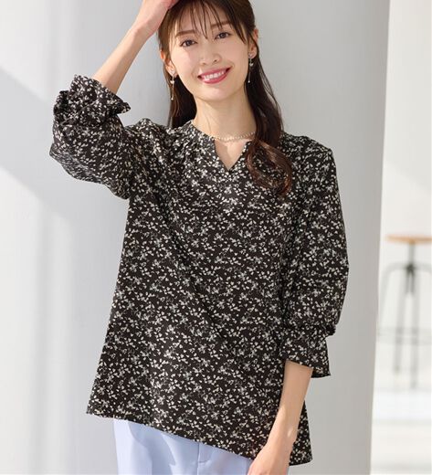 45R 花柄コットンチュニックブラウス インディゴ ネイビー　1 45R 花柄コットンチュニックブラウス インディゴ ネイビー 1