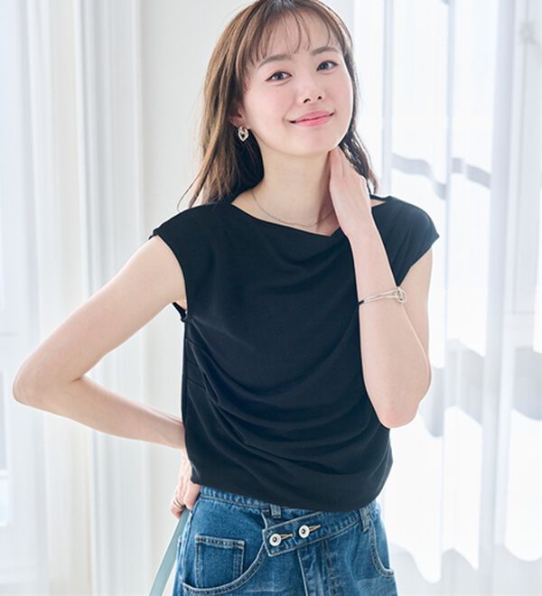 RANAN（ラナン）の「【ひんやり・ＵＶ】タックドレープフレンチスリーブカットソー（Tシャツ）」｜詳細画像