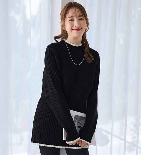 alotta（アロッタ）の「パチパチしにくい！洗えるリブ切替配色ニットプルオーバー（ニット・セーター）」｜ブラック