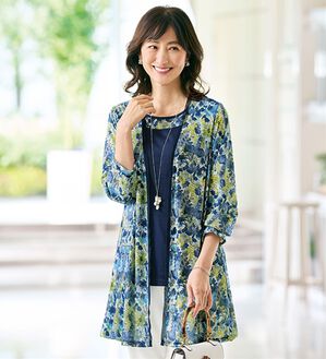 BELLUNA（ベルーナ）の「着回しできて旅行に嬉しい！チュール素材花柄カーディガンアンサンブル（アンサンブル）」｜ネイビー系