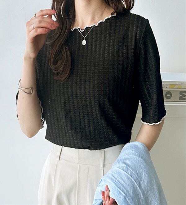 GeeRA（ジーラ）の「配色メロー５分袖表面感カットソー（カットソー）」｜詳細画像