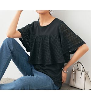 BELLUNA（ベルーナ）の「脱Ｔシャツ！レースデザインプルオーバー（カットソー）」｜ブラック