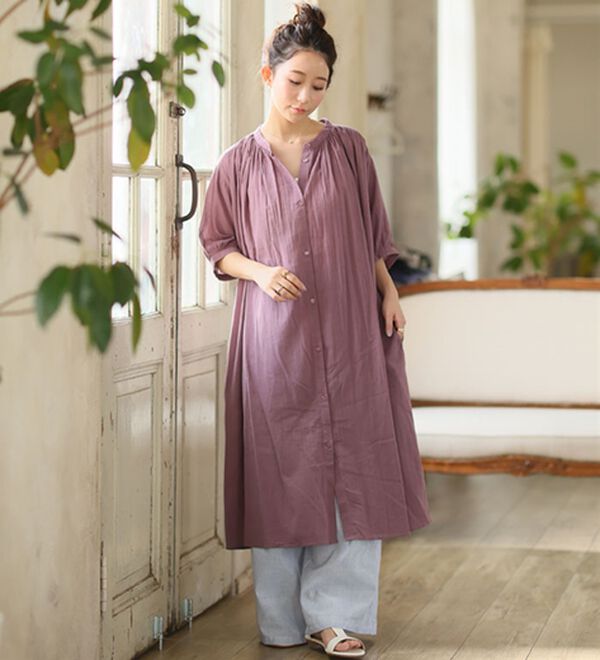 A HAPPY MARILYN（アハッピーマリリン）の「【Ｌ～６Ｌ】【風通るプレミアム】綿・楊柳、五分袖ギャザーたっぷりワンピース。（ロングワンピース）」｜詳細画像