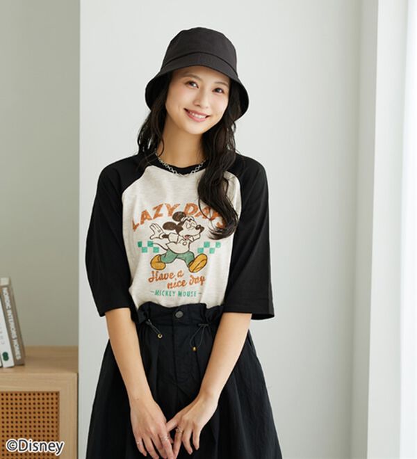 Disney＞【ミッキー】プリント7分丈ラグランTシャツ