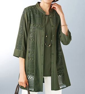 BELLUNA（ベルーナ）の「ケミカルレース切替ジャケットアンサンブル（ノーカラージャケット）」｜カーキ