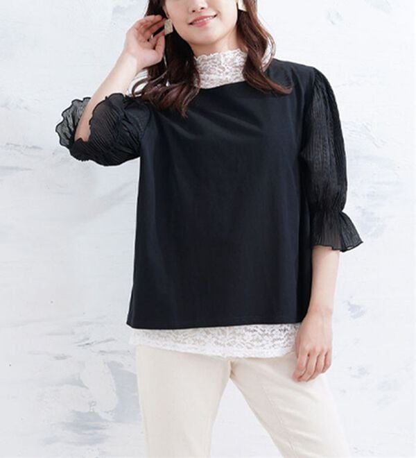 A HAPPY MARILYN（アハッピーマリリン）の「選べる袖異素材 キレイめカットソー 半袖 プルオーバー（カットソー）」｜詳細画像