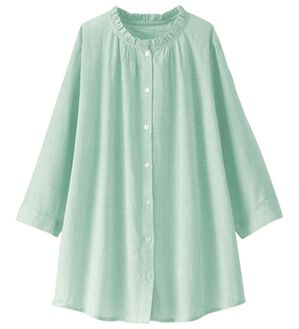 BELLUNA（ベルーナ）の「オーガニックコットン１００％フリル衿ブラウス（チュニック）」｜グリーンストライプ