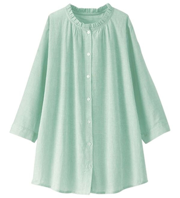 BELLUNA（ベルーナ）の「オーガニックコットン１００％フリル衿ブラウス（チュニック）」｜グリーンストライプ