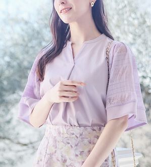 alotta（アロッタ）の「【接触冷感】シルケット素材袖レース切替トップス（カットソー）」｜詳細画像