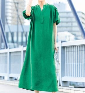 VINNO（ヴィノ）の「ボリューム袖麻調スキッパーワンピース（その他ワンピース）」｜詳細画像