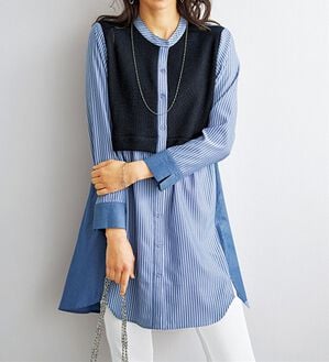 BELLUNA（ベルーナ）の「ストライプ&times;異素材切替シャツチュニック（チュニック）」｜ネイビー系