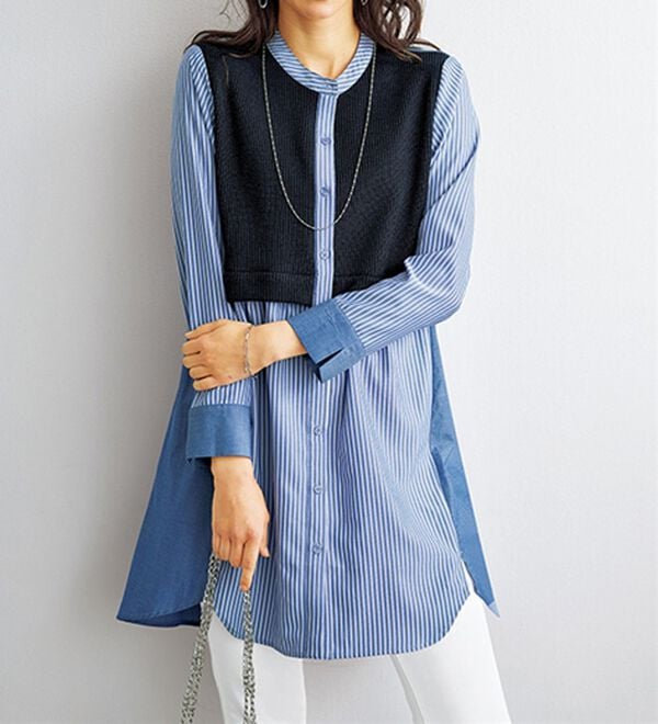 BELLUNA（ベルーナ）の「ストライプ&times;異素材切替シャツチュニック（チュニック）」｜ネイビー系
