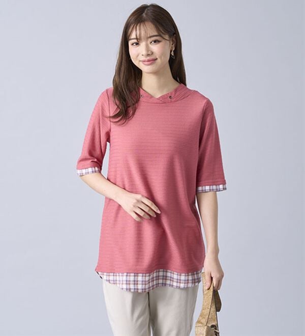 BELLUNA（ベルーナ）の「ひんやり冷感！タックジャカード素材重ね着風プルオーバー（カットソー）」｜詳細画像