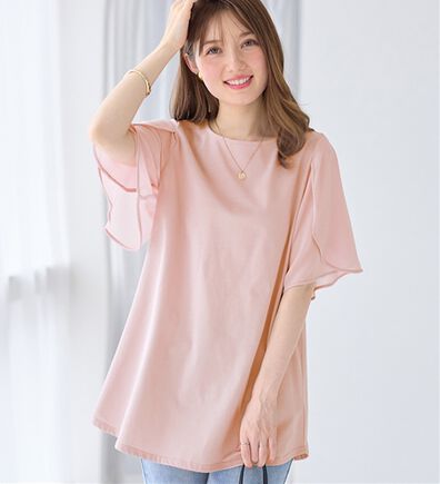 alotta（アロッタ）の「【接触冷感】袖異素材フレア袖チュニックＴシャツ（チュニック）」