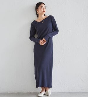 RANAN（ラナン）の「アシメネックリブワンピース（ロングワンピース）」｜ネイビー