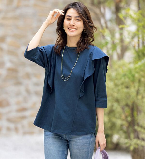 ルフラン（ルフラン）の「ちょい洒落＊７分袖ラッフルショルダーＴシャツ（カットソー）」｜詳細画像