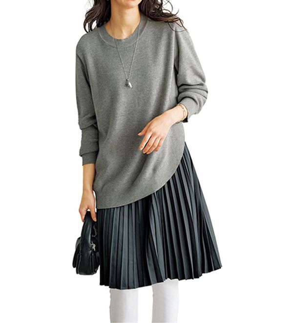 BELLUNA（ベルーナ）の「裾ラウンドニットプリーツ切替チュニック（チュニックワンピース）」｜杢グレー