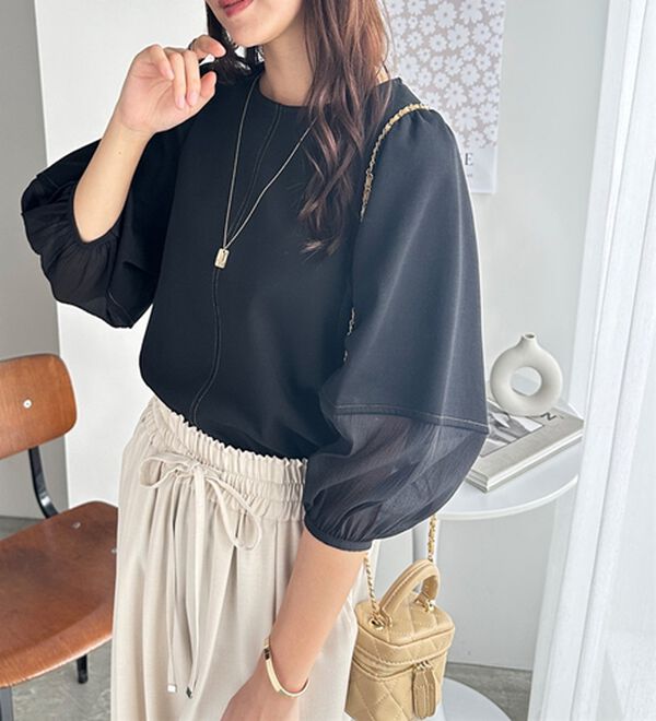 GeeRA（ジーラ）の「袖シアー切替ランタンスリーブトップス（カットソー）」｜詳細画像