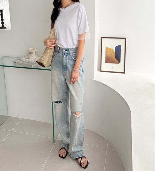 GeeRA（ジーラ）の「綿１００％袖シアー切替シルケットＴシャツ（Tシャツ）」｜詳細画像