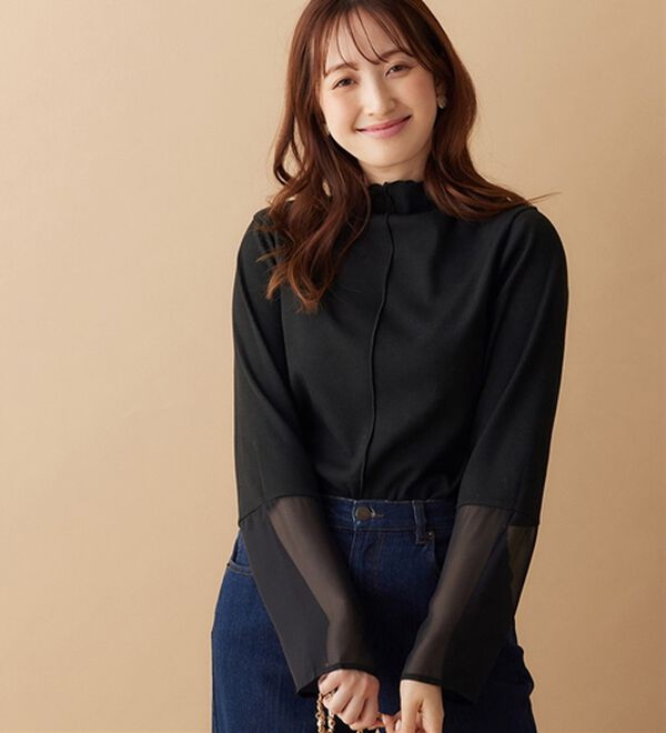 alotta（アロッタ）の「【前後２ＷＡＹ】袖口シフォン切替リブトップス（カットソー）」｜ブラック