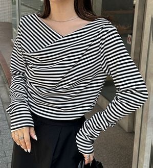 RANAN（ラナン）の「【新色追加】上品ドレープリブロングＴシャツ（カットソー）」｜ボーダー