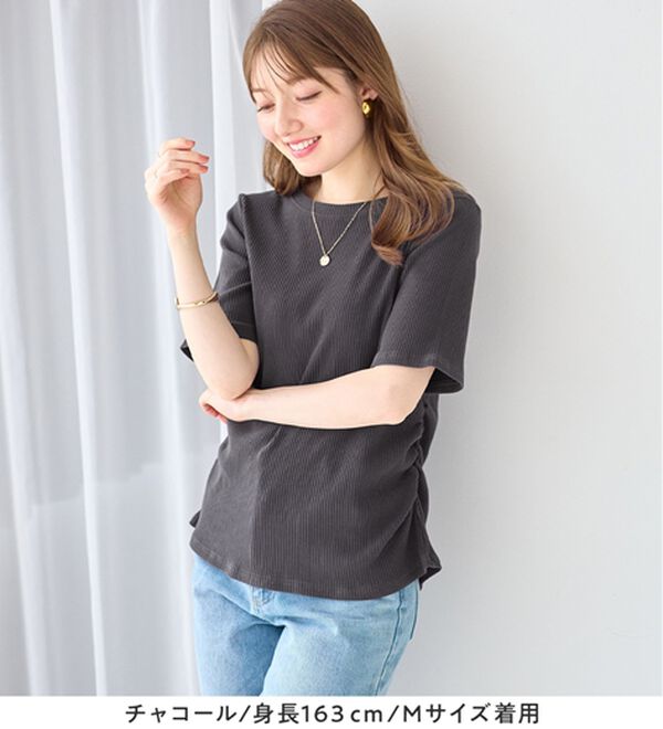 alotta（アロッタ）の「【接触冷感】細見えギャザーデザイン美くびれリブトップス（カットソー）」｜詳細画像