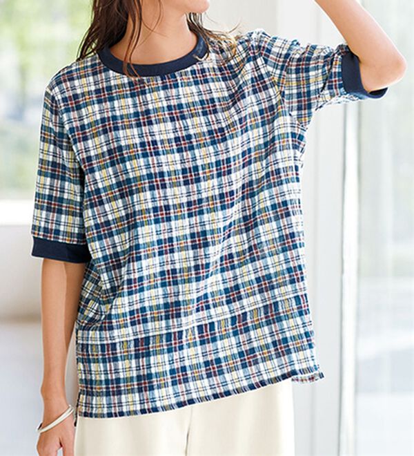 BELLUNA（ベルーナ）の「リブ付チェック柄涼感Ｔブラウス（ブラウス）」｜ブルー系チェック