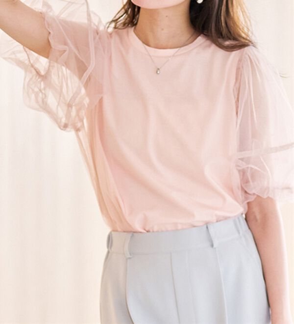 RANAN（ラナン）の「【ひんやり】チュールレイヤードパフスリーブTシャツ（カットソー）」｜詳細画像