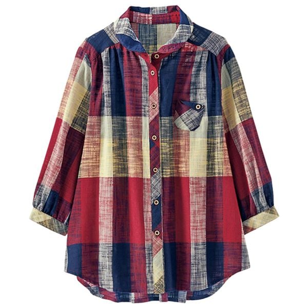 BELLUNA（ベルーナ）の「スラブ調先染めチェック　ポケットデザインブラウス（ブラウス）」｜詳細画像